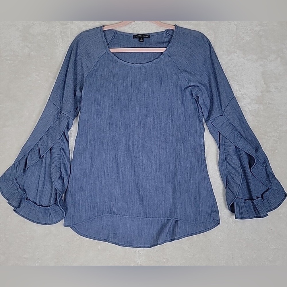 Moa Moa Woman's Blue Crinkle Top w/ Romantic Slit Ruffle Sleeves Blouse! - Picture 5 of 12